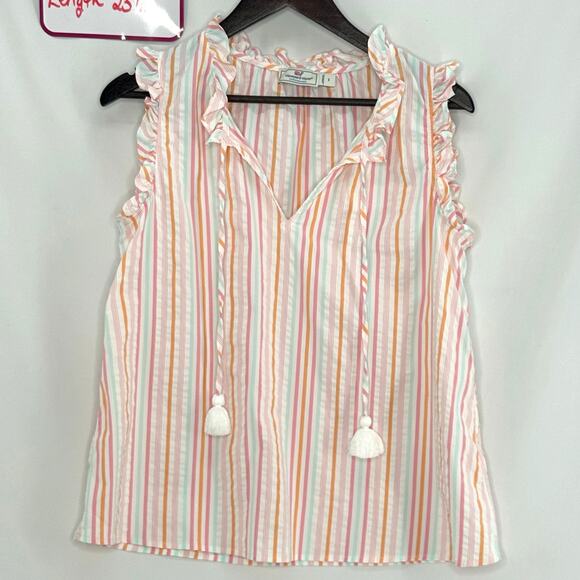 Vineyard Vines Performance Harbor Ruffle Popover Top Women's Small Pastel Stripe - Picture 1 of 5